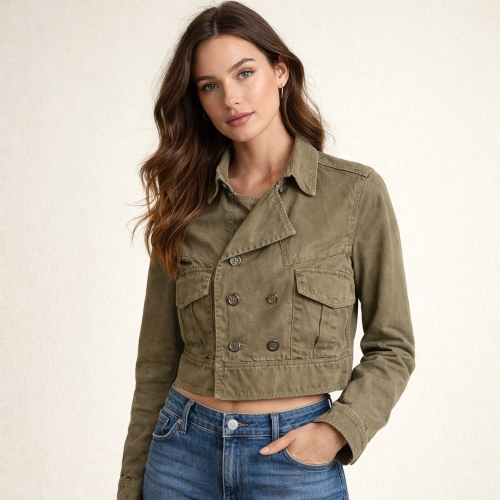 Y2K London Jean Victoria’s Secret Cropped Olive Bomber Jacket Distressed Medium